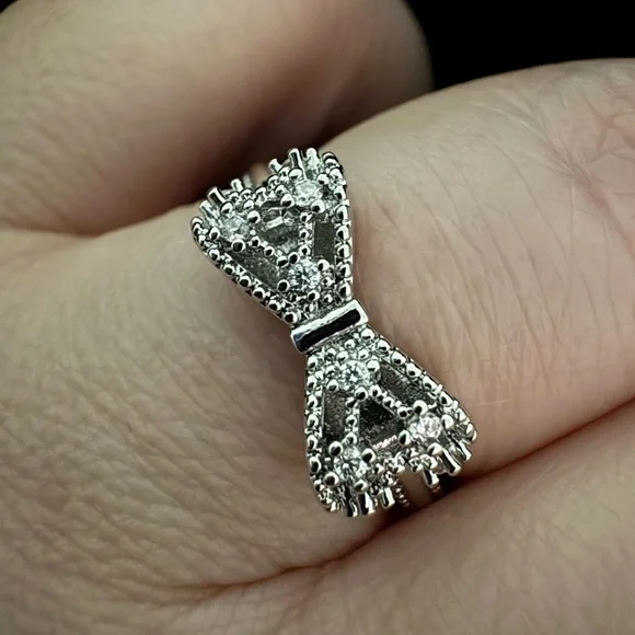 Dainty 925 Sterling Silver Bow Ring with Textured Band - Picture 6 of 7